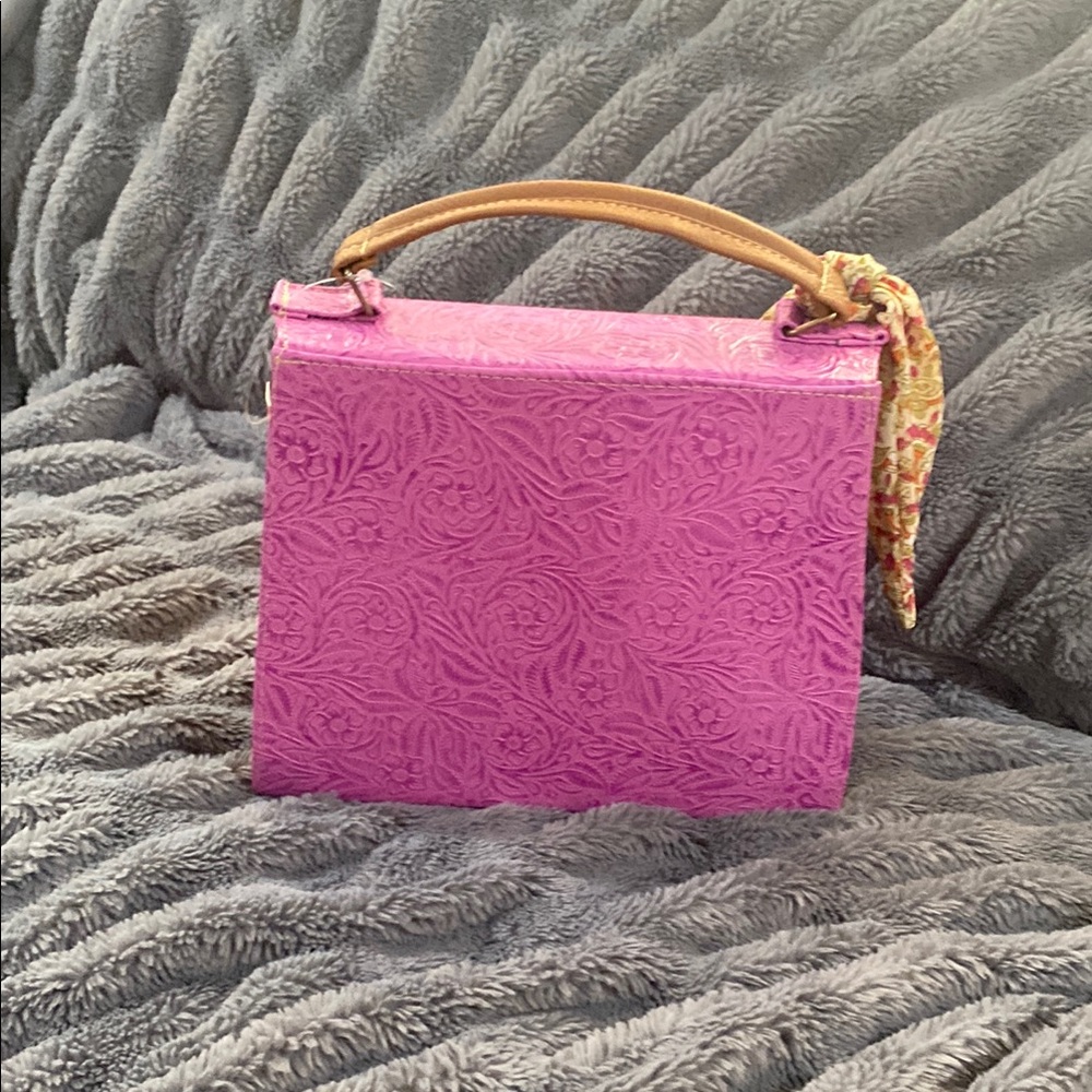 Pink Embossed Handbag with Scarf Accent - Picture 3 of 7